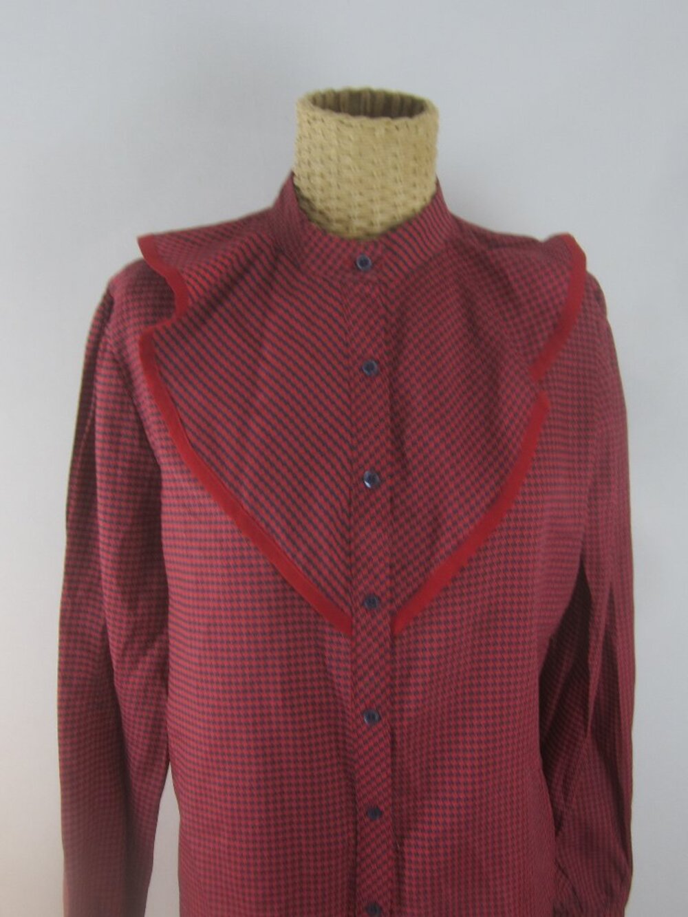 Vtg Ship N Shore Women S Navy Blue Red Houndstooth LS Blouse Bib Collar Retro